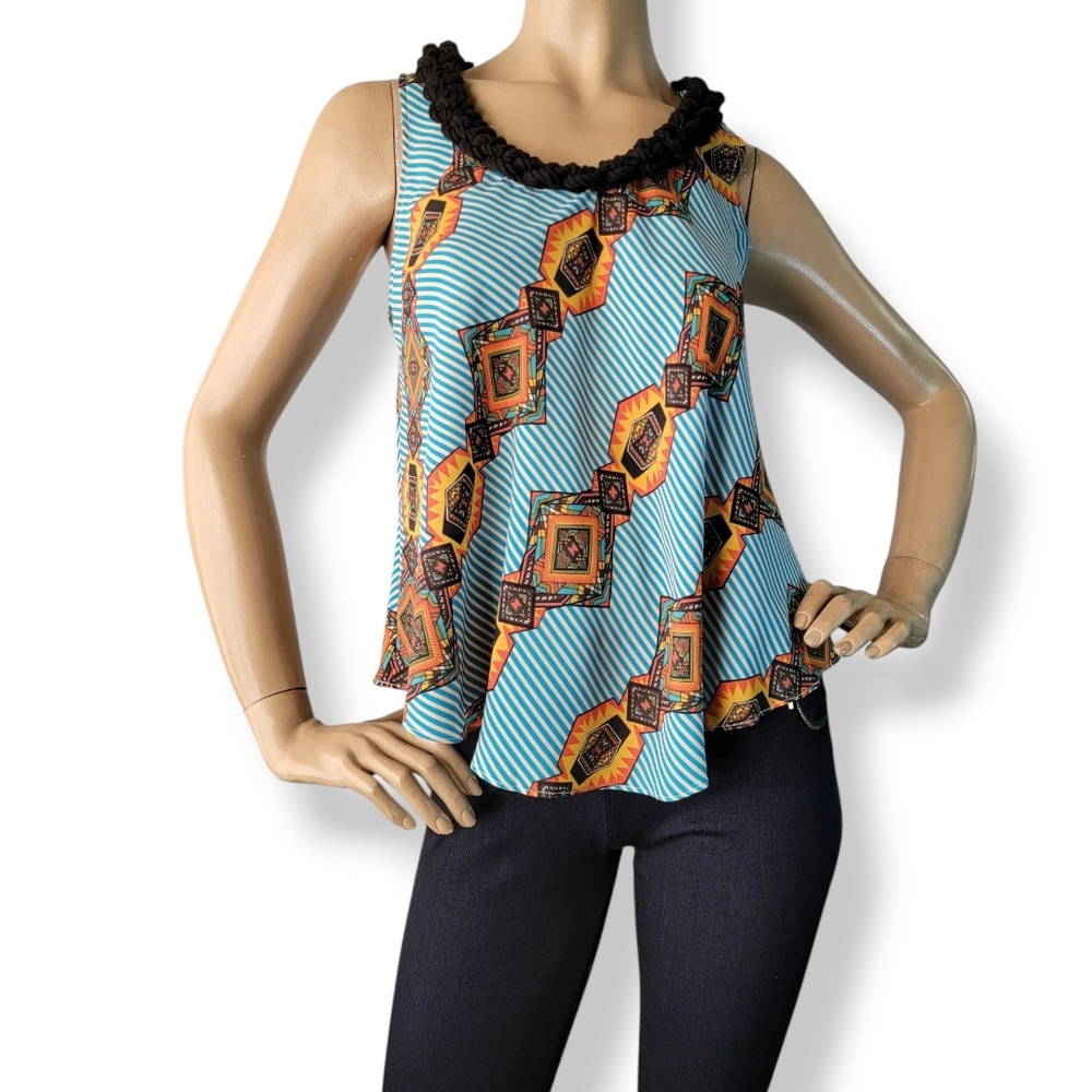 Boundary & Co. Blue, Yellow, Orange Ethnic Abstract Braided Collar Blouse
